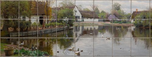 Tile mural with countryside lake scene, ducks, geese, and rustic cottages